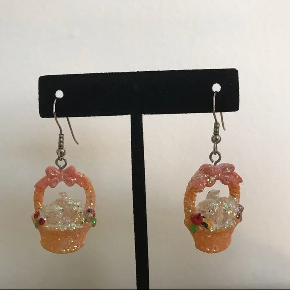 Glittery Easter Bunny Basket Dangle Earrings - Picture 2 of 2